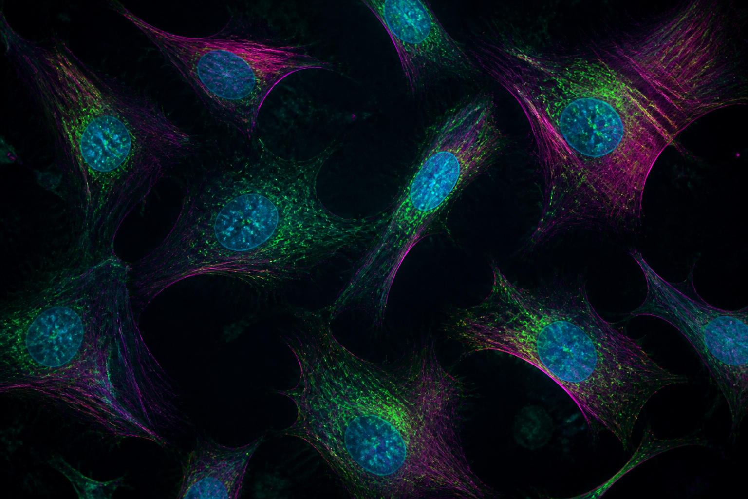 Abstract fluorescence microscopy field showing cellular structures